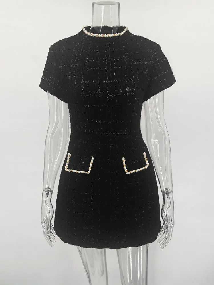 

2025 Shiny Elegant Female MIni Dress Pocket Short Sleeve Patchwork Fashion Slim Party Dress Gown Women's Glitter Vntage Dress