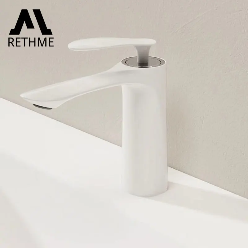 

Rethme Bathroom Faucets White Maple Leaf Brass Basin Mixing Faucet Cold Hot Water Waterfall Tap Deck Mounted Sink Mixer Taps