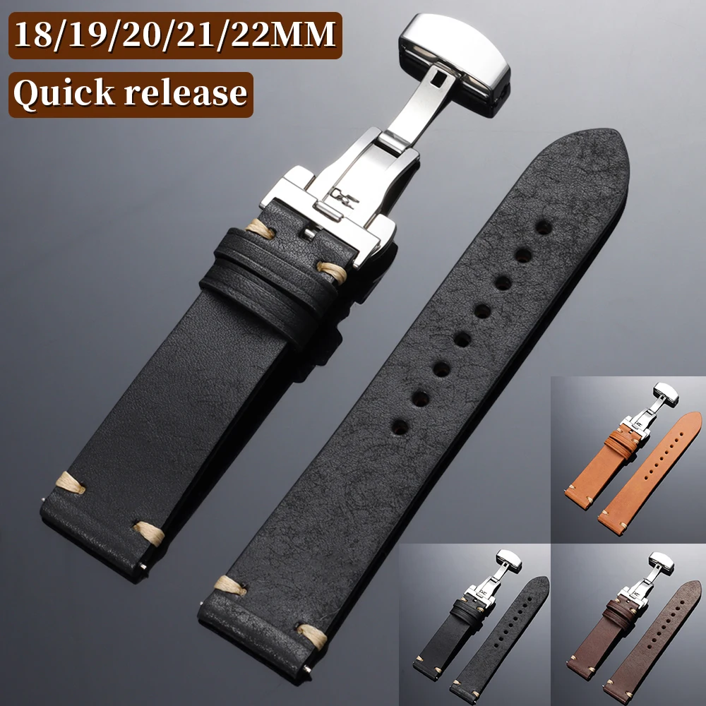 18mm 19mm 20mm 21mm 22mm Vintage Cowhide Watch Strap for Seiko Butterfly Buckle Leather Bracelet Retro Quick Release Wrist Band