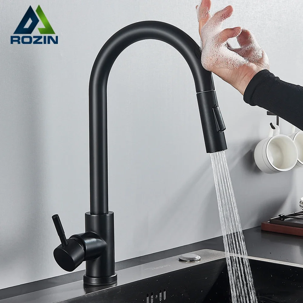 Rozin Smart Touch Kitchen Faucet Black Pull Out Sensor Faucets Black/Nickel 360 Rotation Crane 2 Outlet Water Mixer Taps