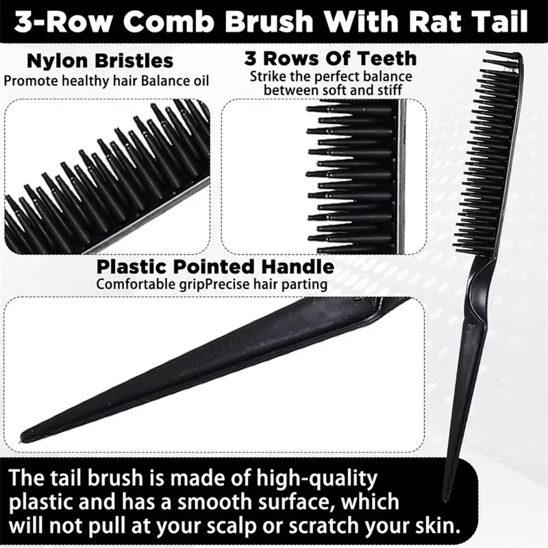 3 Row Backcombing Comb With Rat Tail Tip Nylon Bristle Hair Teasing Comb Volume Hairstyle Salon Home Hairdressing Styling Tool