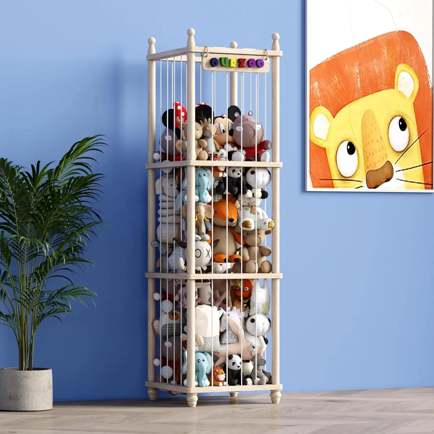 

Деревянный органайзер для игрушек высотой 57 дюймов с 3D-надписью, улучшенный утолщенный держатель для мягких игрушек из массива сосны для детской комнаты/игровой комнаты