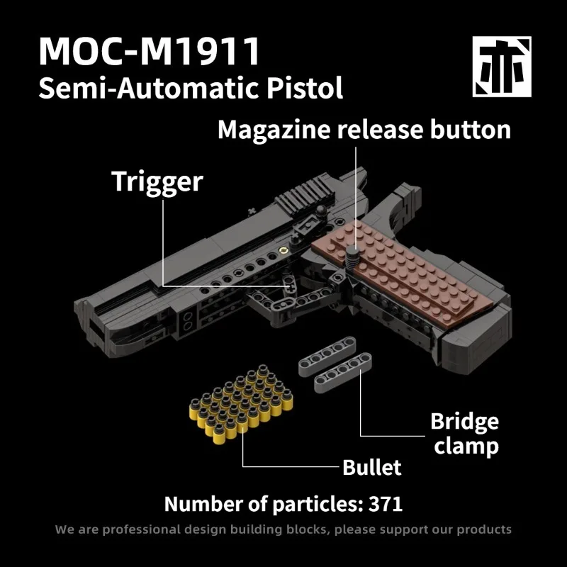371PCS Technical M1911 Semi-Automatic Pistol Building Blocks Shotable With Bullet Assemble Gun Bricks Toy Gift For Adult