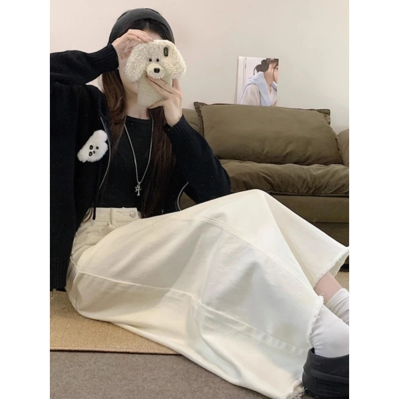 Abricot gland taille haute Denim mi-longue jupes rue vêtements pour femmes nouveau ample mince polyvalent jupe longue grande jupe parapluie