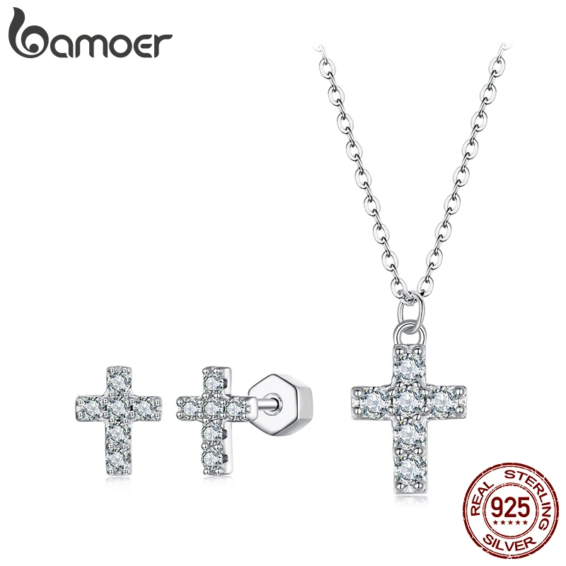 

BAMOER White Gold Plated Moissanite Cross Necklace & Earrings for Women, 925 Sterling Silver Small Religious Faith Xmas Jewelry