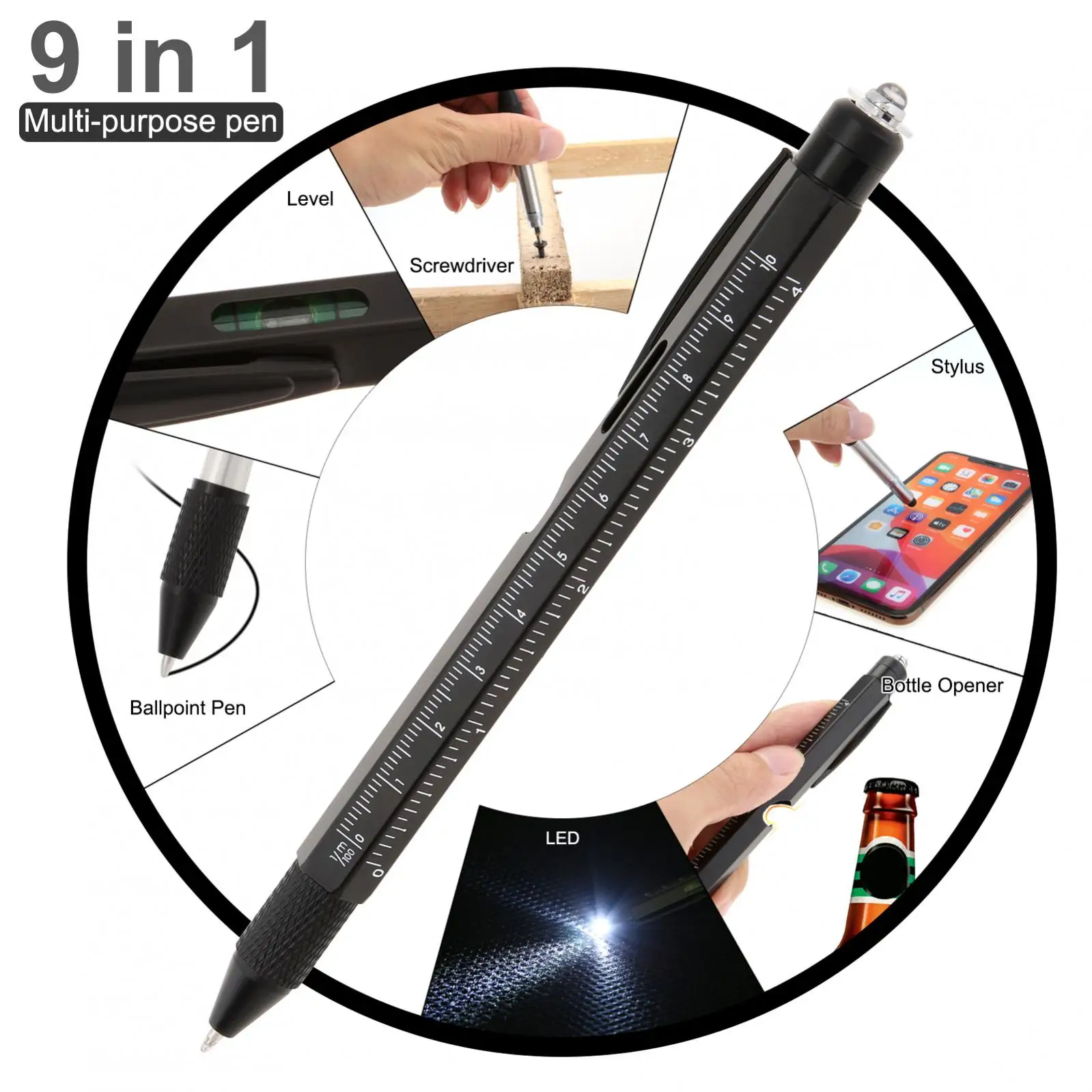 9 In 1 Multitool Ballpoint Pen Touch Screen Pen LED Light Stylus Ruler Bottle Opener Flat / Cross Screwdriver Pen Clip Men Gift