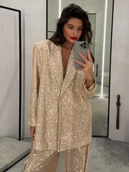 Casual Sequin Jackets Pants Set Women Golden Long Sleeve Lapel Button Wide Leg Pant Autumn Lady Suit Urban Street Loose Sets