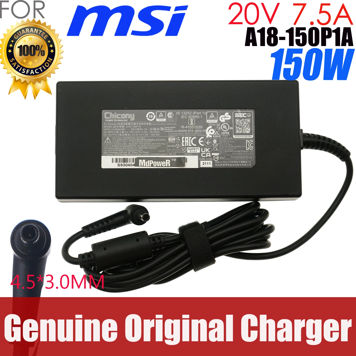 Genuine Chicony A18-150P1A 150W AC Adapter Charger 20V 7.5A for MSI GF66 GF76 A150A039P Gaming Laptop Power Supply ADP-150CH D