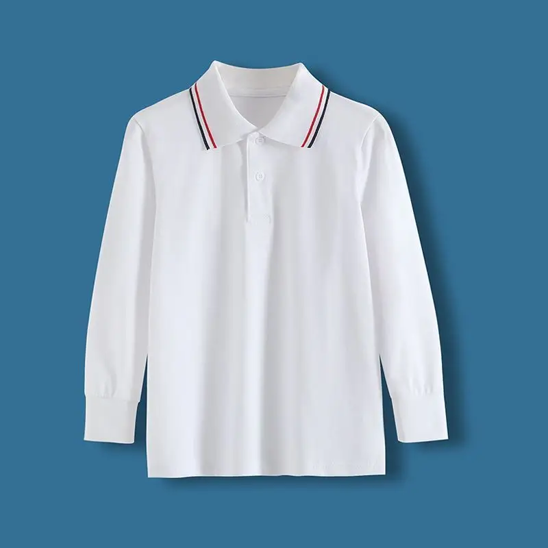 Boys' Long Sleeved T-Shirt, Pure Cotton Polo Girls' Middle-Aged And Elderly Children's White Base Shirt, Lapel Collar, School