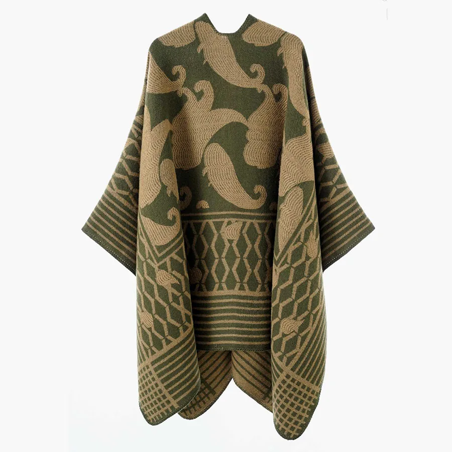 Women Geometric Jacquard Poncho Shawl Oversize Vintage Open Front Faux Cashmere Cape Autumn Winter Casual Travel Warm Wrap