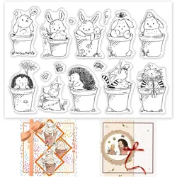 Animal Pot Clear Stamp Potted Plant Transparent Silicone Stamp Rabbits Hedgehog Cat Mice Rubber Stamp for Scrapbook Journal