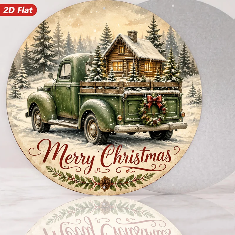 2D Flat, 1pc Vintage Christmas Truck Round Metal Sign Wall Art, Green Pickup with Cabin, Snowy Pine Trees, Red Bow Wreath, Merry