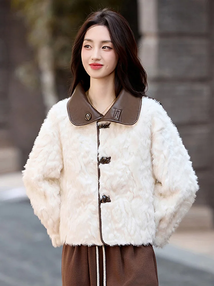New Women Double Faced Velvet Split Leather Jacket Autumn Winter Fashion Turn-down Collar Thick Warm Loose Short Coat Female