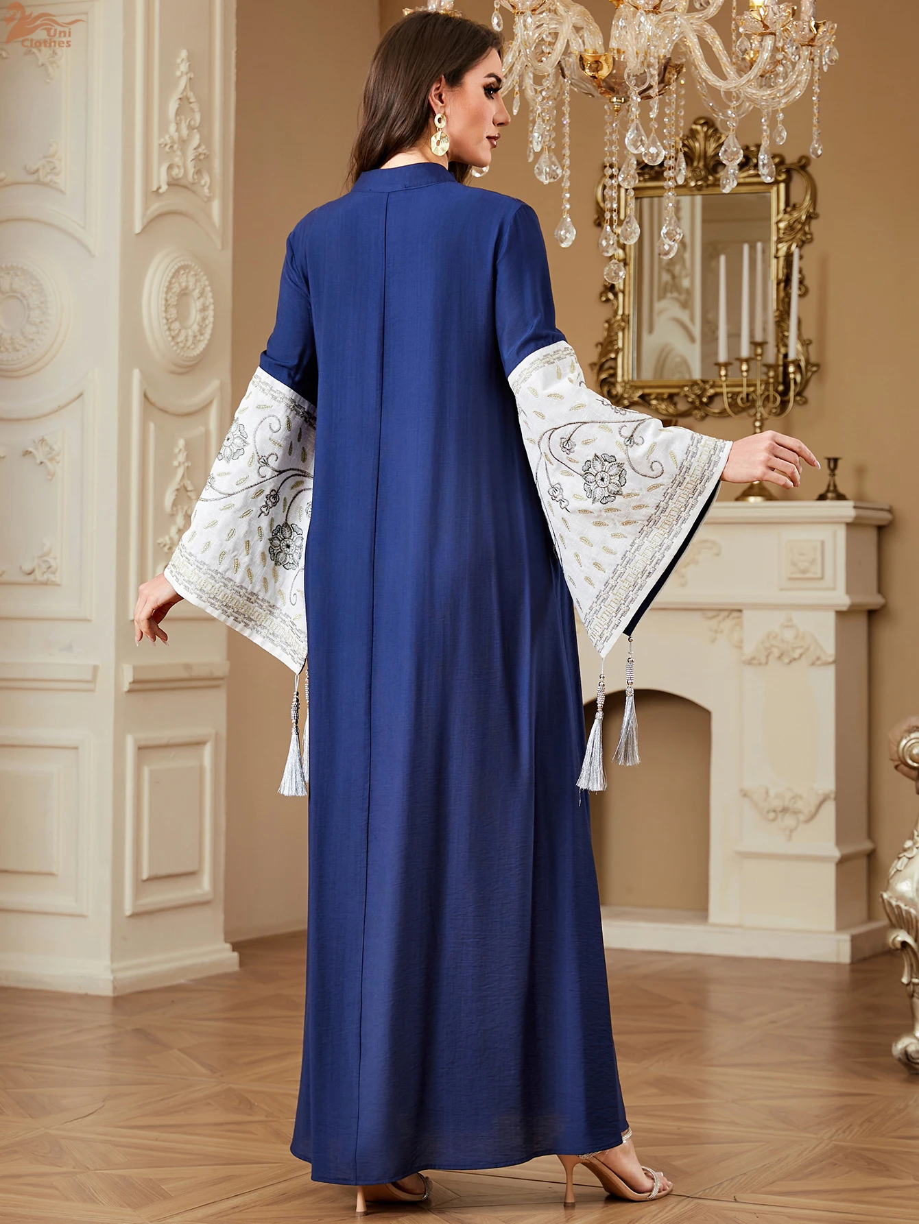 Uni luxo retalhos mulher vestido de noite dubai manga dividida abaya borla embelezado caftan marocain femme