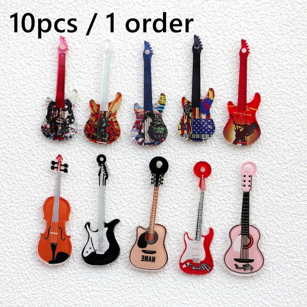 10PCS Pop Instrument Acrylic Pendant Double-Sided Violin Guitar Charm DIY Necklace Bracelet Keychain Dangle Decoration Accessory