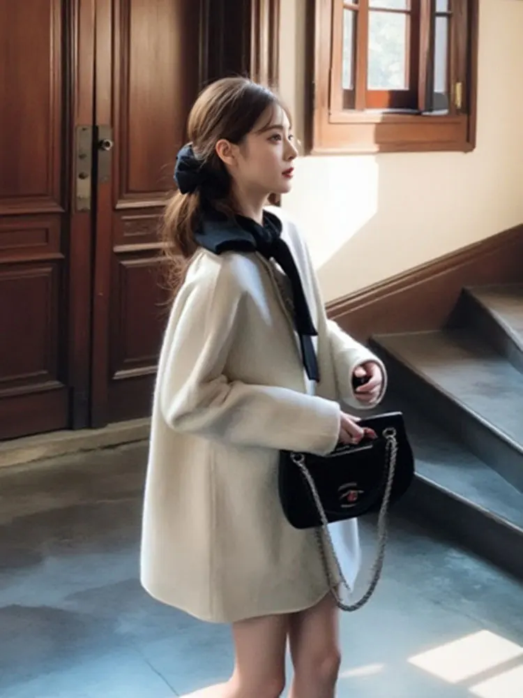 

Ele Korean Sle Woolen Coat Design Sensation Autumn Winter Faionable Outerwear Straight Cut Knot