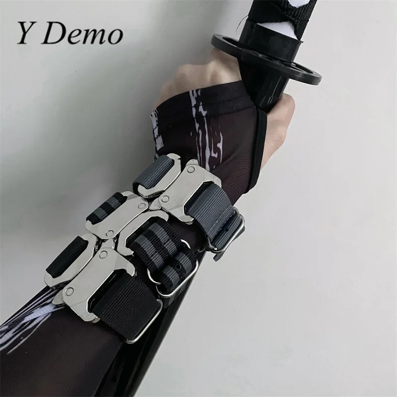 Y Demo Techwear Adjustable Hand Bracelet Casual Punk Adjustable Metal Buckles Striped Nylon Accessory