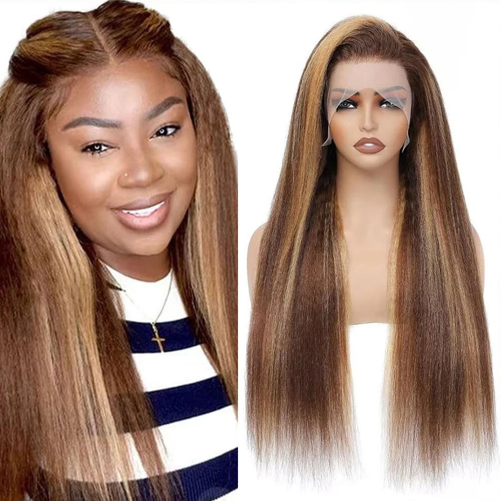 

#4/27 Ombre Highlight Kinky Straight Lace Front Human Hair Wigs Pre Plucked Honey Blonde 13X4 Lace Front Wigs Brazilian Remy Wig