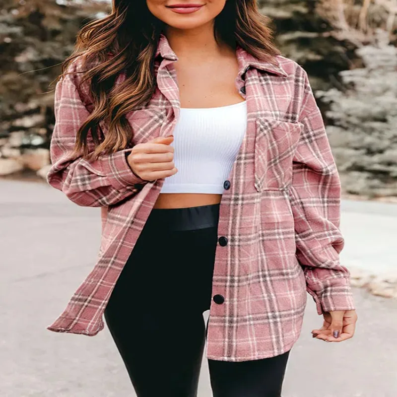 

2025 Autumn New College Style Plaid Shirts Womens Long Sleeve Button Down Casual Tops Loose Fashion Polo Neck Blouses Female