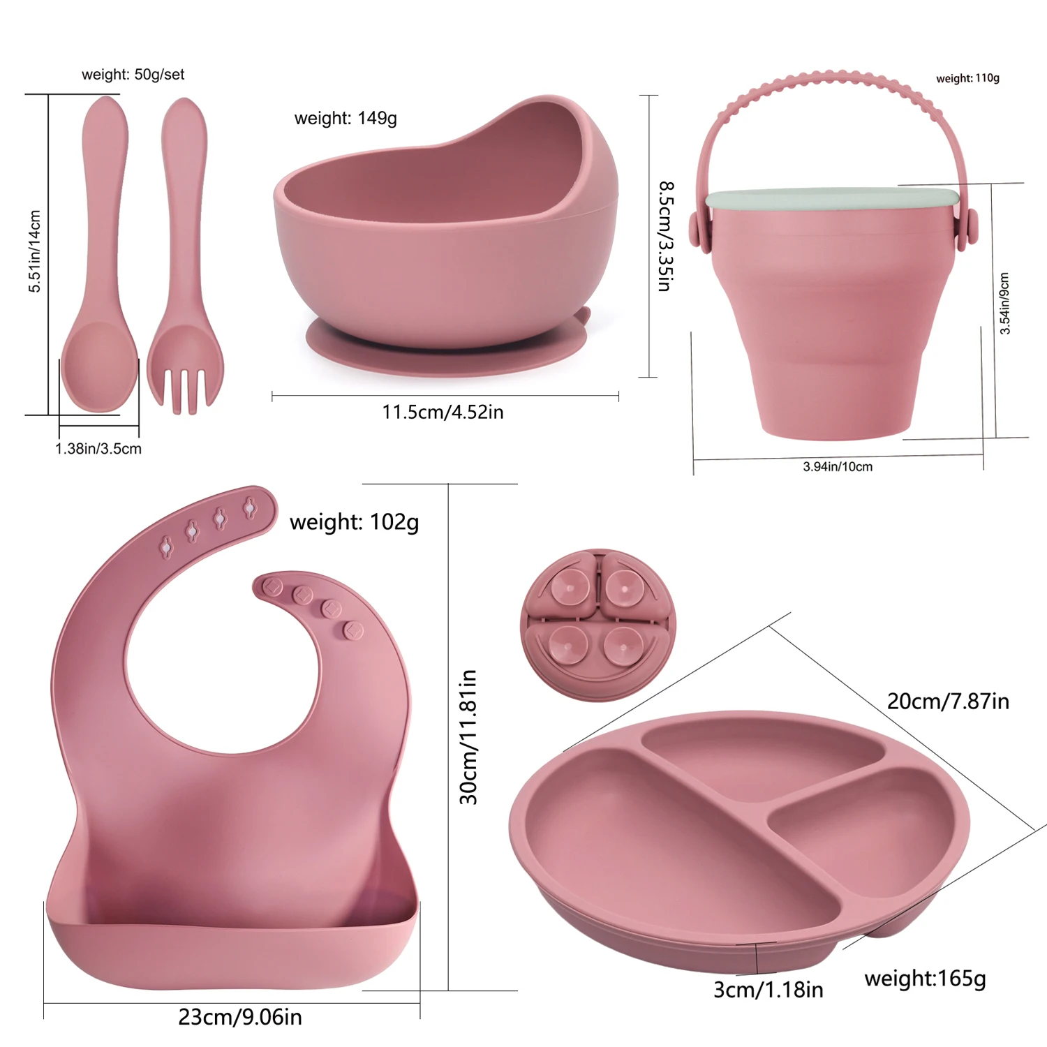 

Silicone Baby Feeding Set, Baby Led Weaning Suction Bowls and Divided Plates, Adjustable Silicone Bib, Spoons&Fork and Snack Cup