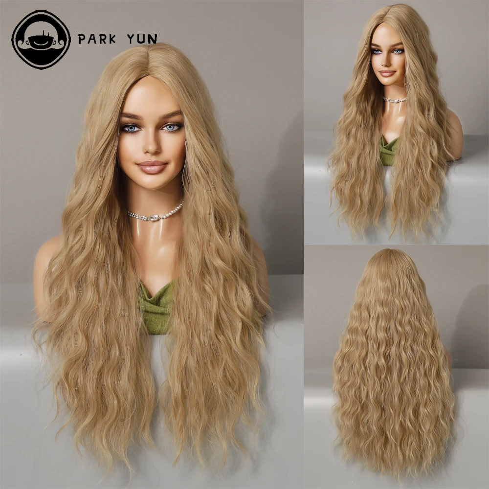 Long Wavy Curly Blonde Wigs for Women Natural Mid Parting Synthetic Wigs Daily Use Heat Resistant Party Fake Hair