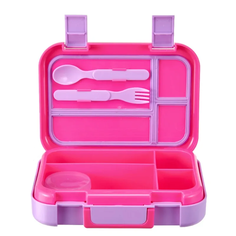 

BTS Plastic Bento Box with 4 Compartments, 1 Fork, 1 Spoon, 1 Dressing Container, Pink