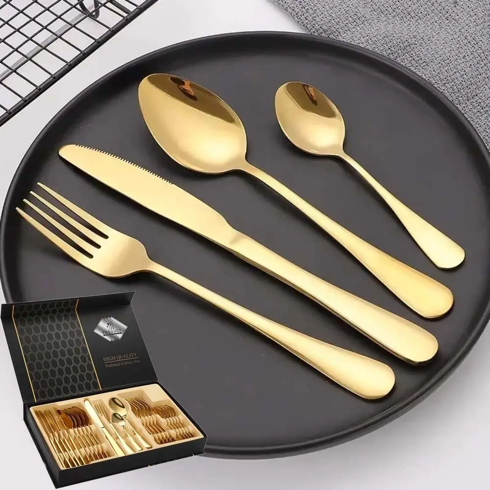 

Набор столовых приборов пищевого качества из 24 предметов с коробкой, минималистичный декор, набор ложек и вилок для ужина, легкая роскошная портативная посуда из нержавеющей стали
