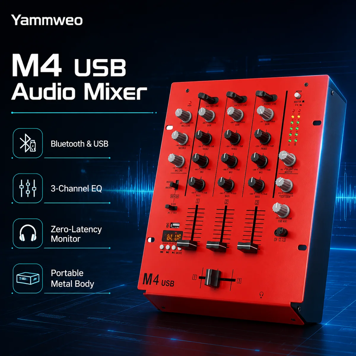 Yamnweo M4 Mini table de mixage DJ USB, console de mixage audio 3 canaux, lecture MP3 sans fil Bluetooth USB, égaliseur indépendant aigus-médium-bas, surveillance des écouteurs en temps réel, interface RCA 6,35 mm