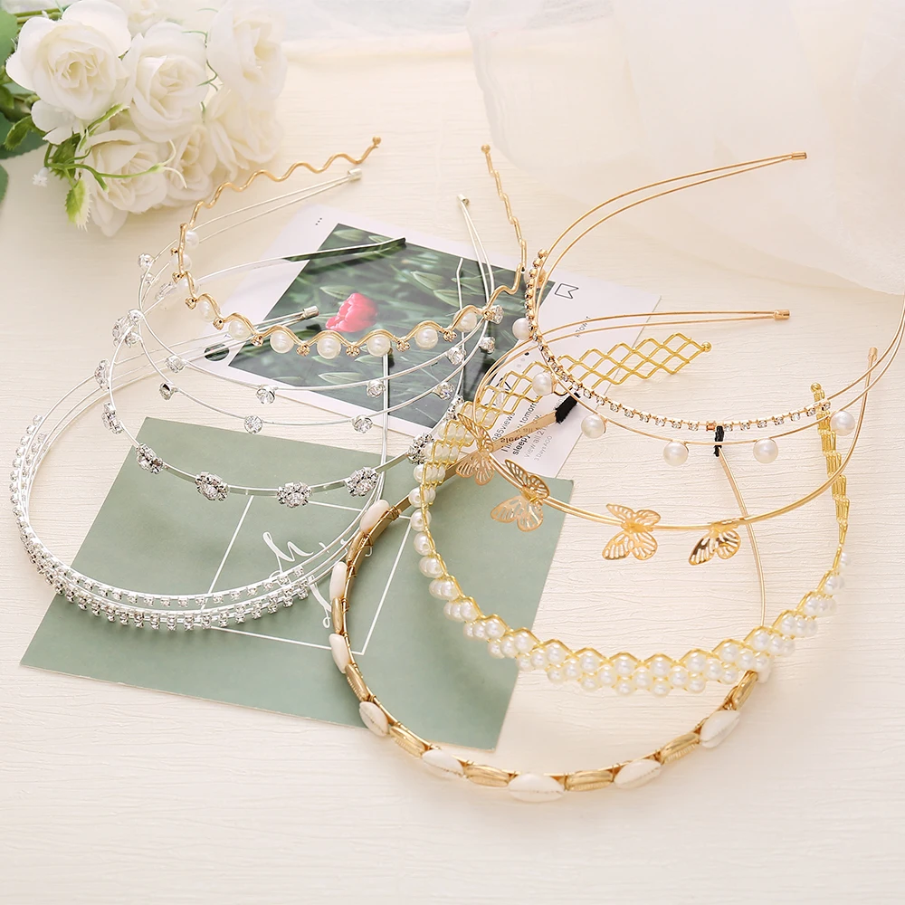 Layered Pearl Crystal Rhinestone Metal Headbands for Women Girl Fashion Wave Crown Head Hoop Headwear Hairband Hair Accessories