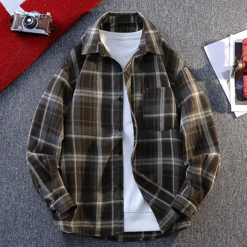 

Fall Faionable Retro Plaid Large Size Collar Long Sve irt Casual Inner Wear Outerwear Sli Casual Versatile Top