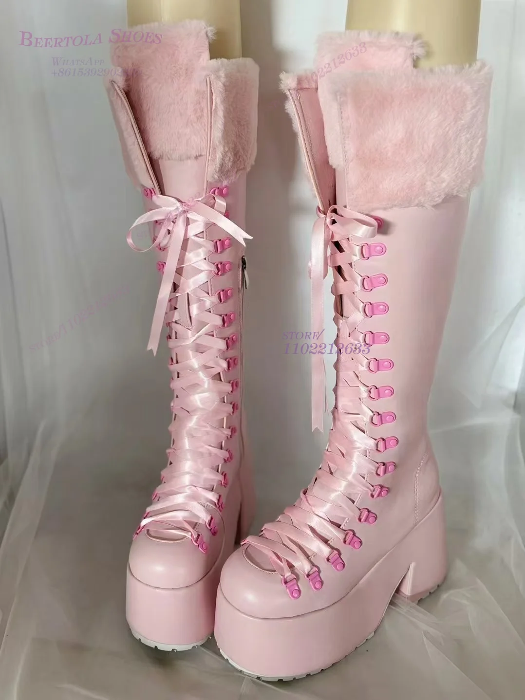 Light Pink Fluffy Knee Platform Boots Women Cute Lace Lace Up Girls Sweet Round Spring Fretwork Heels Party Feather Design Shoes