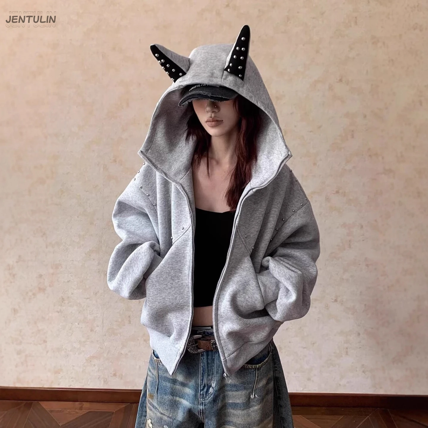 Y2K Gothic Punk Devil Horns Studded Zip Up Hoodie Oversized Long Sleeve Sweatshirt Jacket Harajuku Streetwear Casual Outerwear