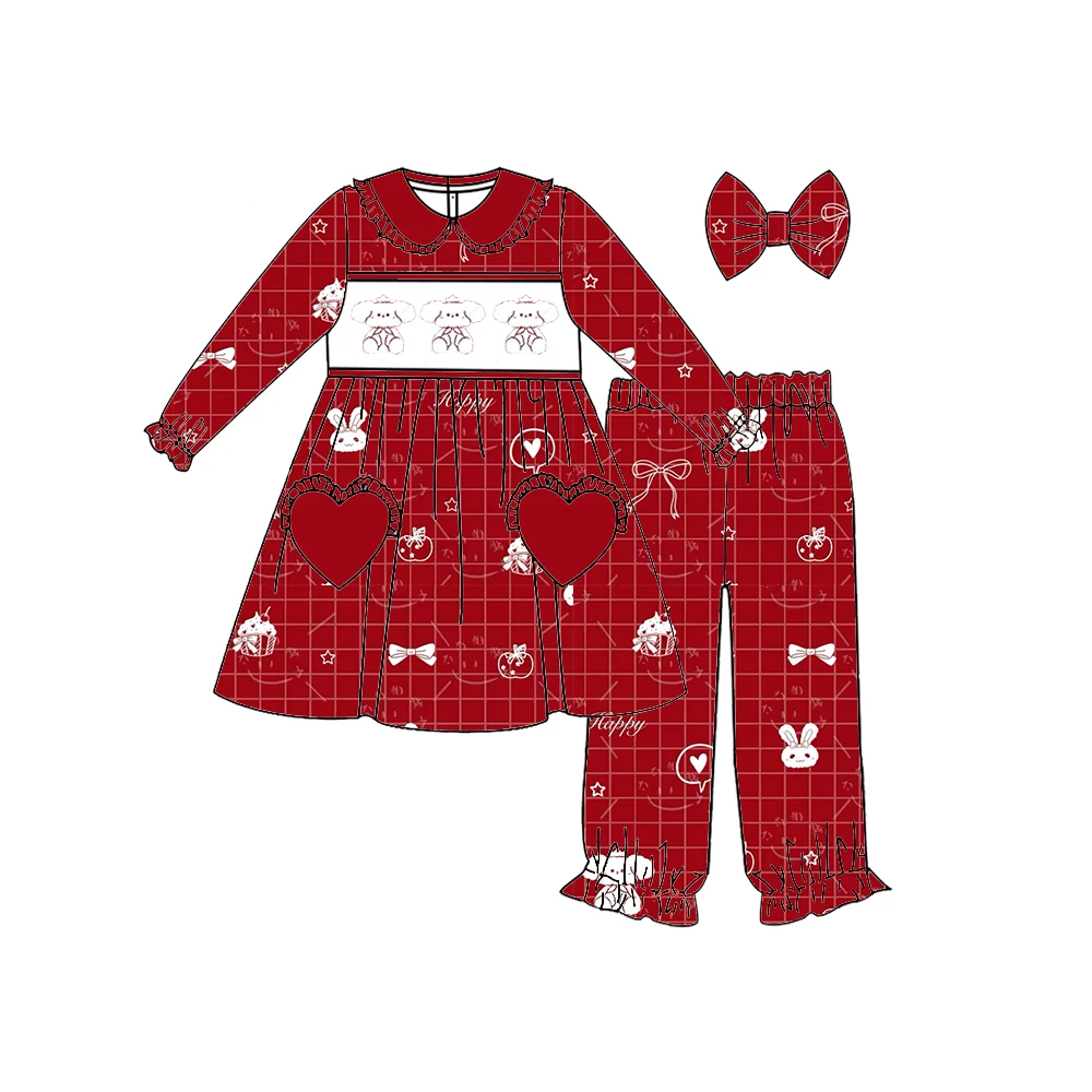 

Red orange color theme Easter egg and bunny print dress and pants pajama set cute casual party outfit milk silk fabric wholesale