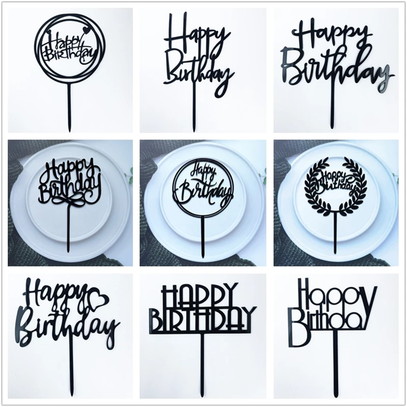 Aomily 10pcs/Set Black Series Happy Birthday Food Grade Acrylic Cake Topper Kinds of Happy Party Topper Cake Decorating Supplies