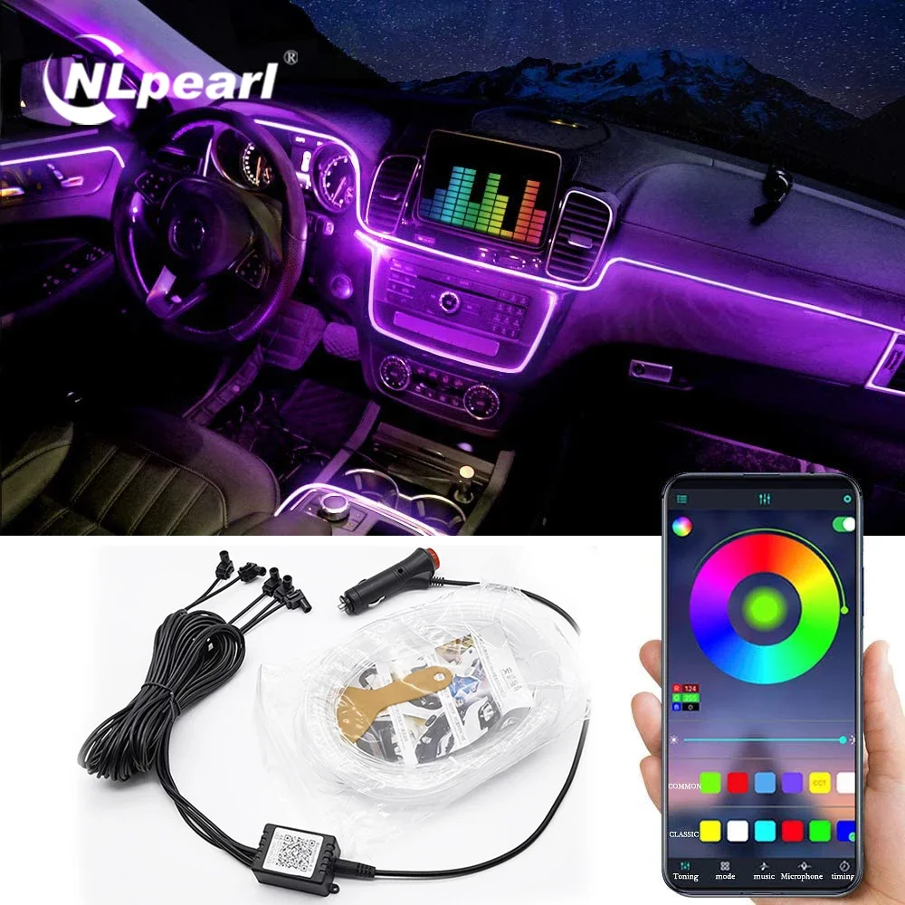 

NLpearl 5IN1 6M RGB светодиодный интерьер автомобиля окружающее освещение с управлением через приложение оптоволоконные неоновые атмосферные полосы декоративные лампы