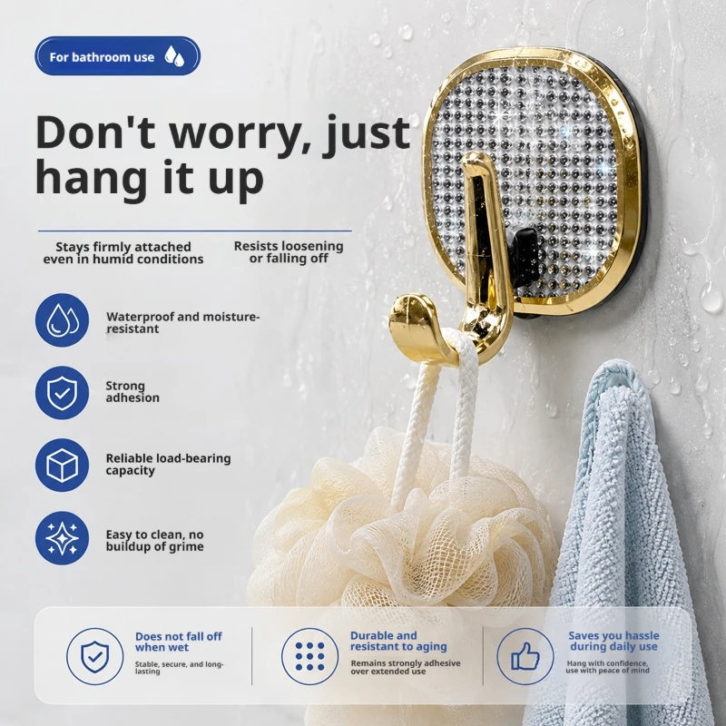 Luxury Gold Rhinestone Adhesive Hooks Punch-Free Wall Hanging Hook Heavy Duty Waterproof Bathroom Towel Clothes Hanging Hook