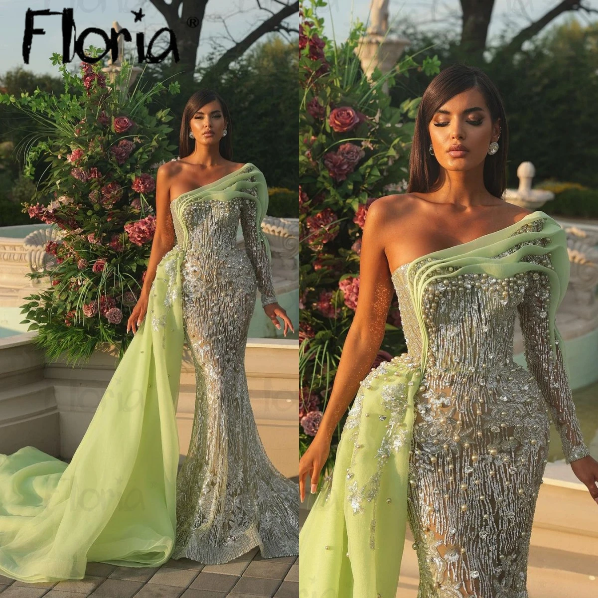 Spring Summer Solid Green Evening Dress One Shoulder Beading New Prom Dresses Dubai Trumpet Wedding Party Gowns With OverSkirt