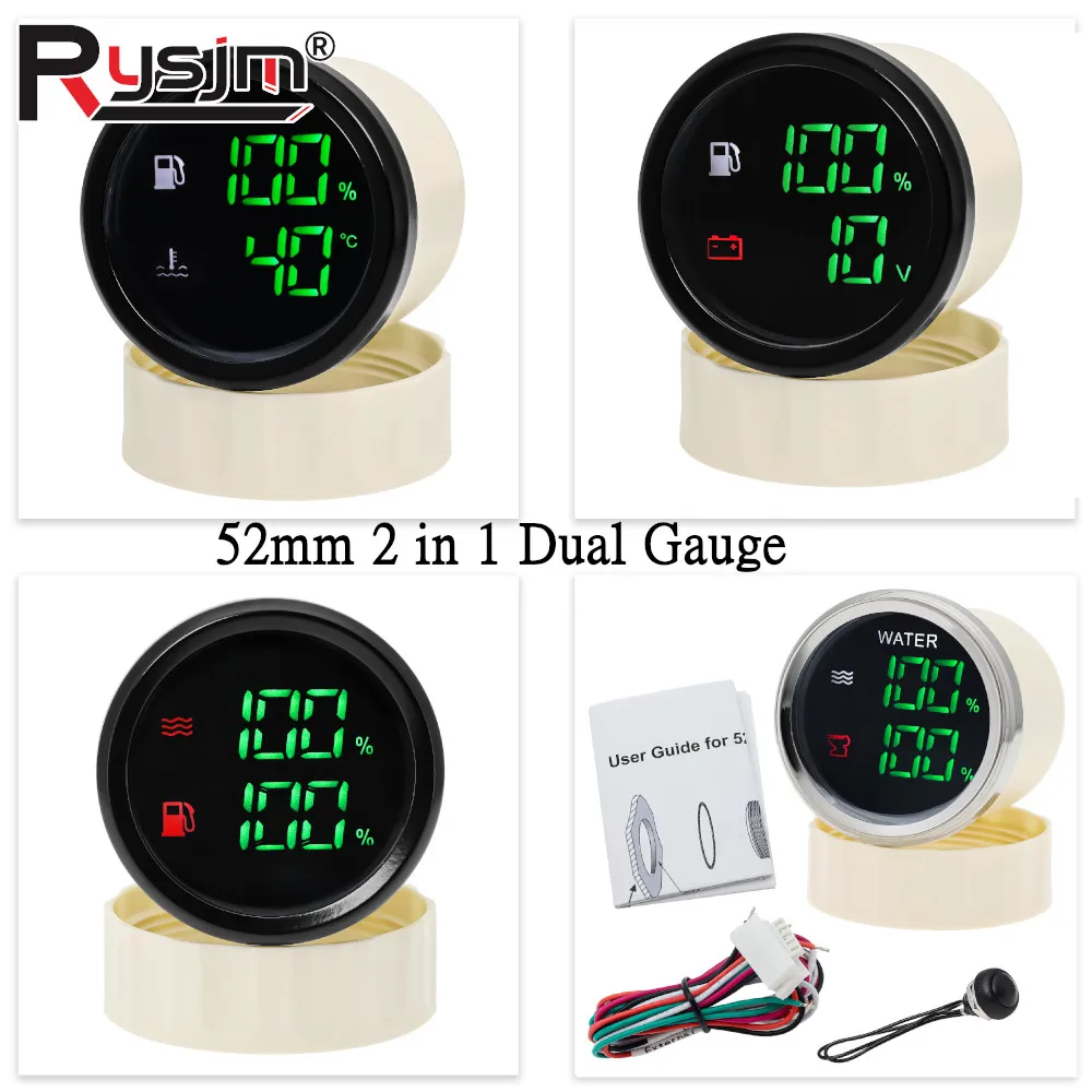 

Водонепроницаемый многофункциональный прибор 2-в-1, 52 мм: указатель уровня топлива, температуры воды, напряжения, 9-32В для автомобилей, грузовиков, автодомов, яхт