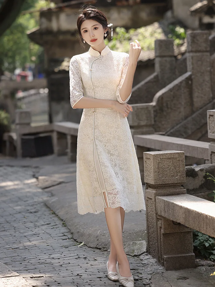 Autumn Vintage Elegant Mandarin Collar Seven Points Sleeve Qipao Women Split AoDai Lace Cheongsam Chinese Dress