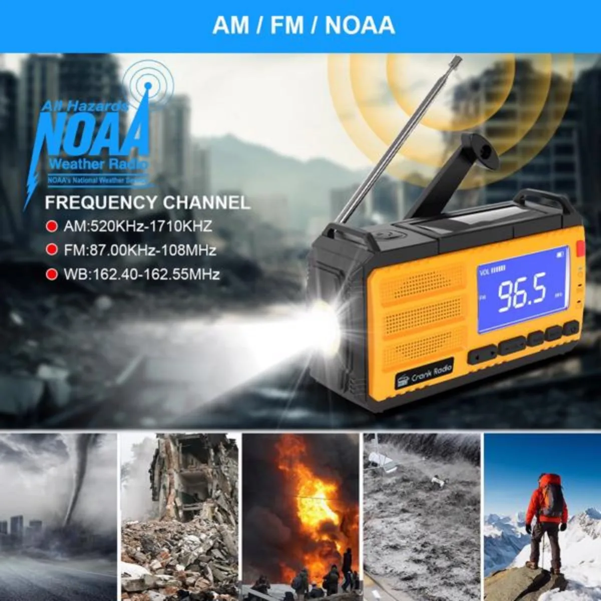 راديو الطقس في حالات الطوارئ NOAA/AM/FM مع بنك طاقة محمول 10,000 مللي أمبير/37000 ميجاوات في الساعة USB/الطاقة الشمسية/البطارية/كرنك اليد شحن إنذار SOS