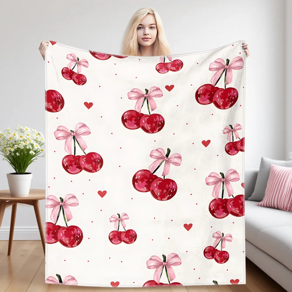 Bow Cherry Hearts Winter And Summer Dual-Use Comfortable Flannel Blanket, Soft And Sticky Sofa Cover Blanket, Exquisite Gift