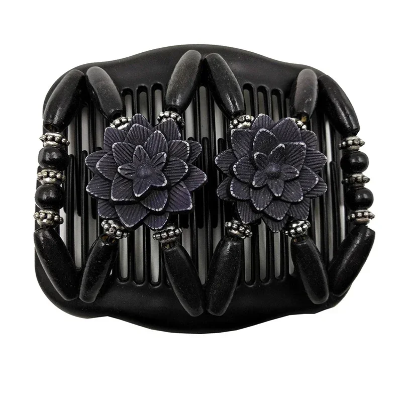 أمشاط شعر بلاستيكية سهلة المشبك، أمشاط تمديد مزدوجة مع خرزة خشبية، زهرة، إكسسوار للشعر لأنماط الشعر، شعر كثيف ورقيق