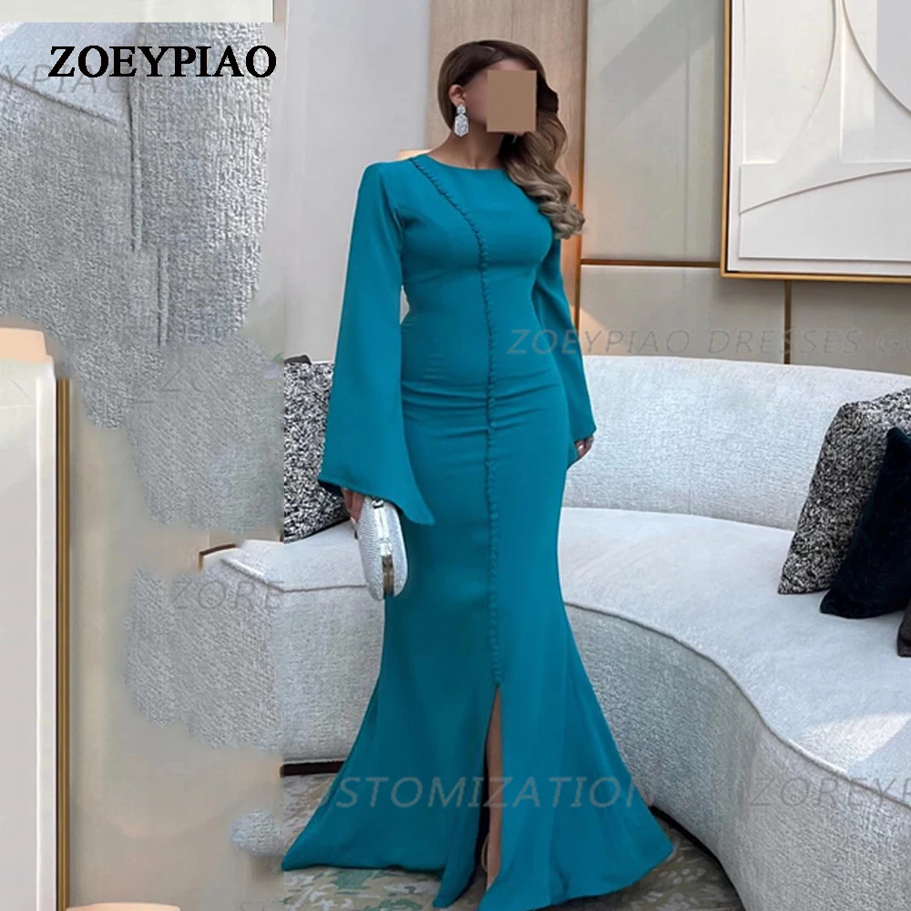 

Blue Button Mermaid Front Slit Prom Dress Full Sleeves فستان حفلات الزفاف O Neck Custom Arabic Dubai vestidos de festa