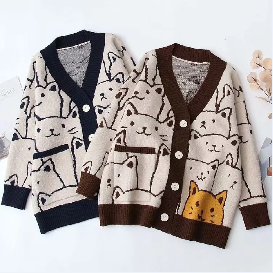 Women\'s Cartoon V-Neck Cardigan Sweater, Long-Sleeved Knitted Coat, Cute Cat Retro, Professional Fashion, Winter, New, 2024