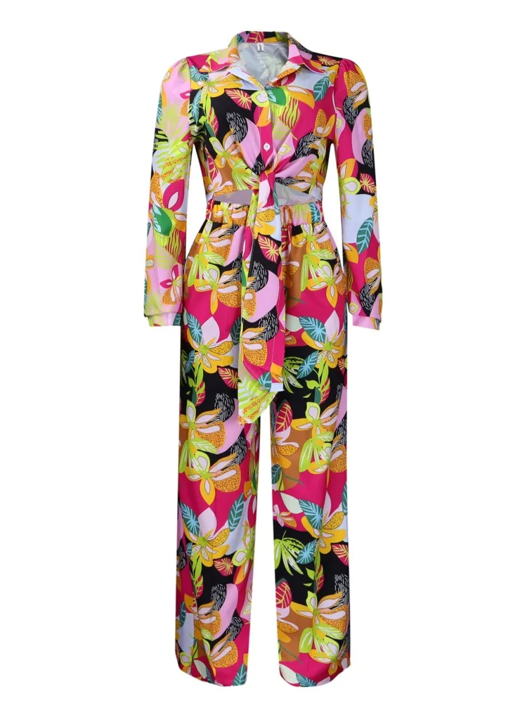 Women 2 Pieces Set Flower Print Pants Sets Long Sleeve Shirt + Wide Leg Pants Suit Fashion High Street Beach Clothing Female