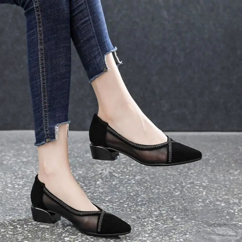 Zapatos de tacón para mujer con punta estrecha y tacones cuadrados con diamantes de imitación, zapatos formales con cristales, vestido elegante de marca de lujo negro 39