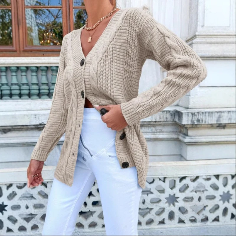 

Autumn and Winter Knitted Casual Fashion Twist Cardigan Retro Women's Sweater Coat
