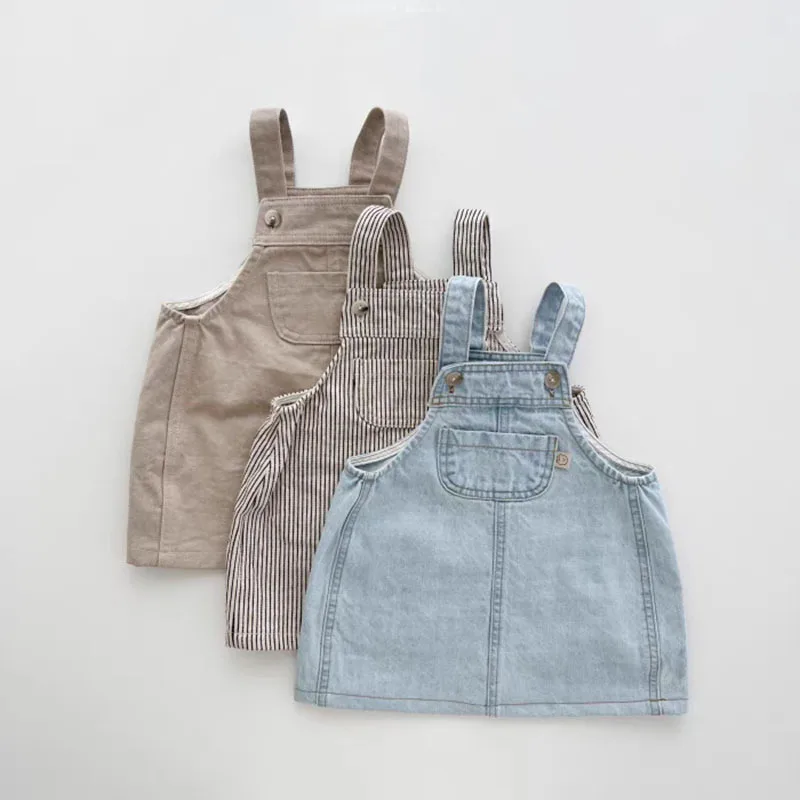 2024 Summer New Baby Girl Sleeveless Denim Dress Solid Infant Strap Dress Fashion Toddler Girls Casual Pocket Dress Baby Clothes