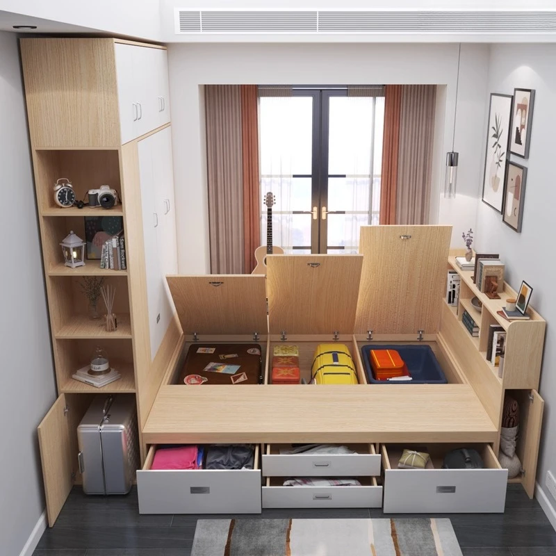 

Solid wood board integrated combination small apartment children's room storage floor