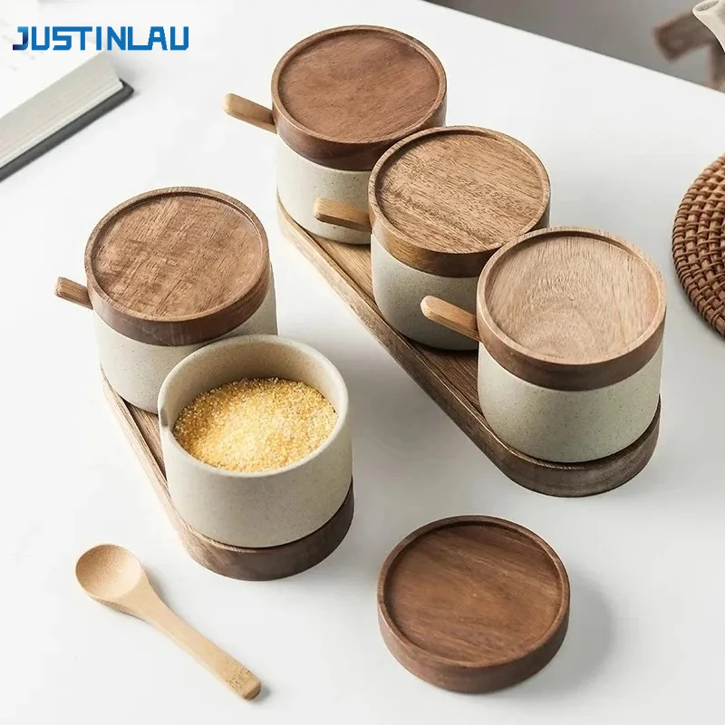 JUSTINLAU Seasoning Jars Japanese Style Clay Spice Container with Bamboo Lid＆Spoon Oil Jar Salt Sugar Bottle Kitchen Utensils